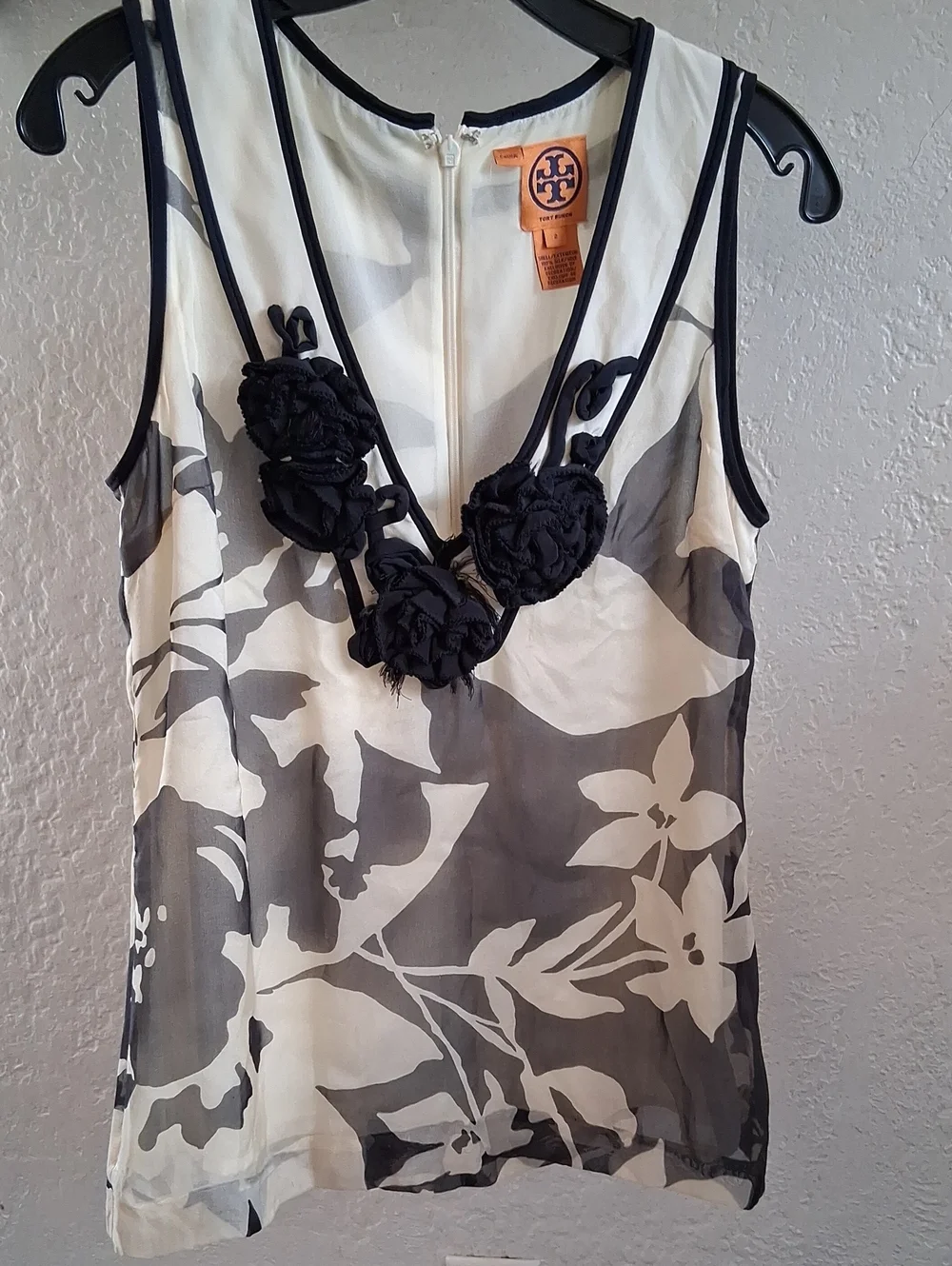 Tory Burch Navy & White Floral V-Neck Camisole with Rosette Trim